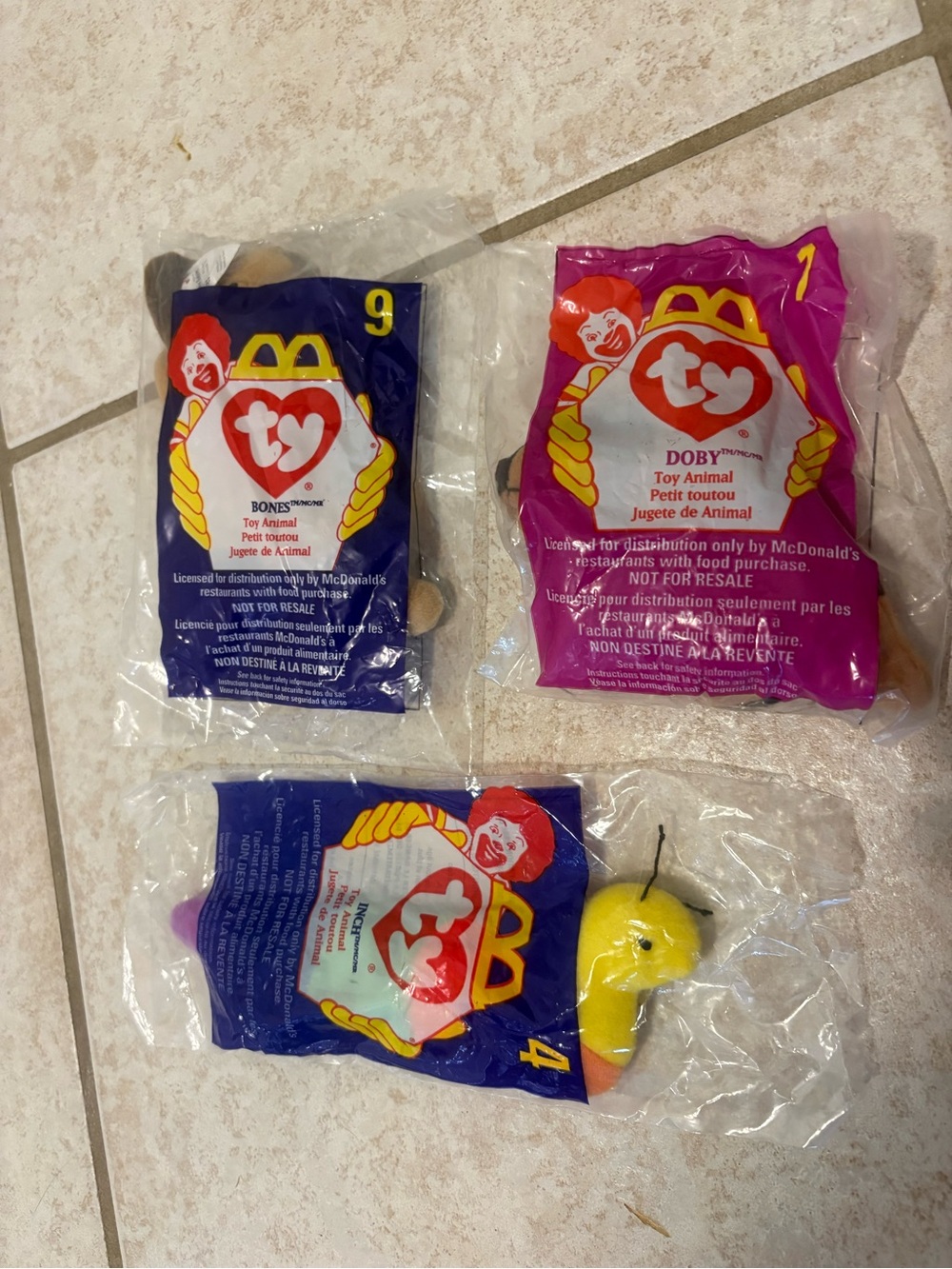 Set of 3 Ty McDonald’s Teenie Beanie Babies Plush Set Unopened Inch Doby Bones